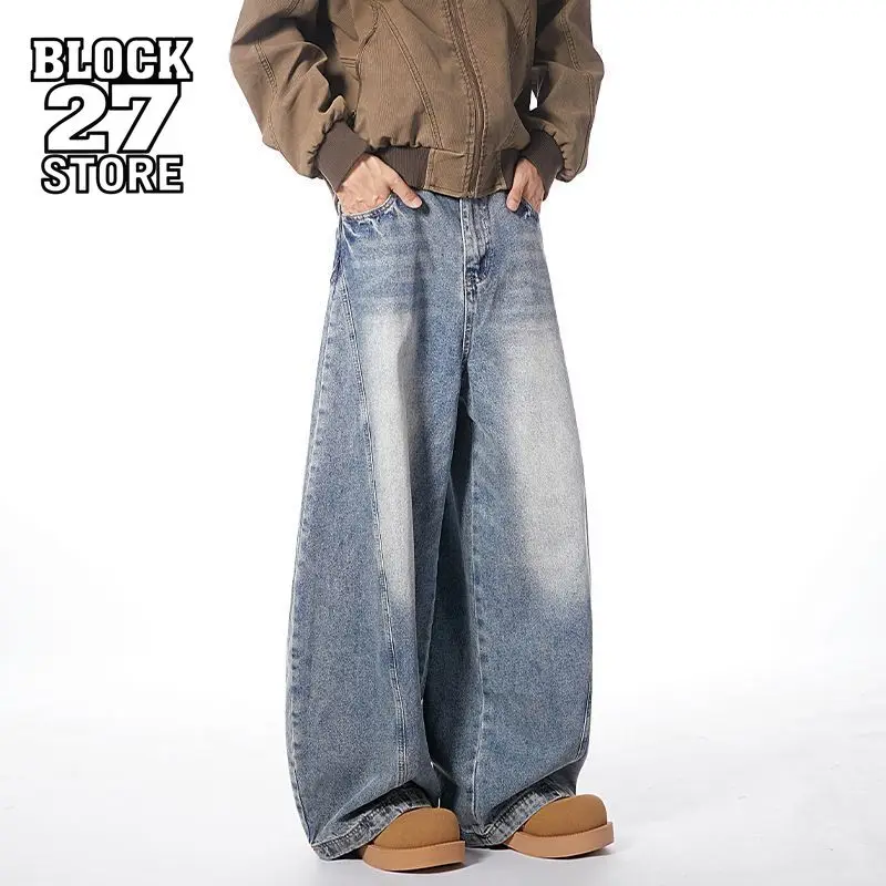 

Мужские джинсы Harajuku, американские винтажные потертые джинсовые брюки с усами Мачете, свободные широкие брюки унисекс, повседневная уличная одежда, новинка