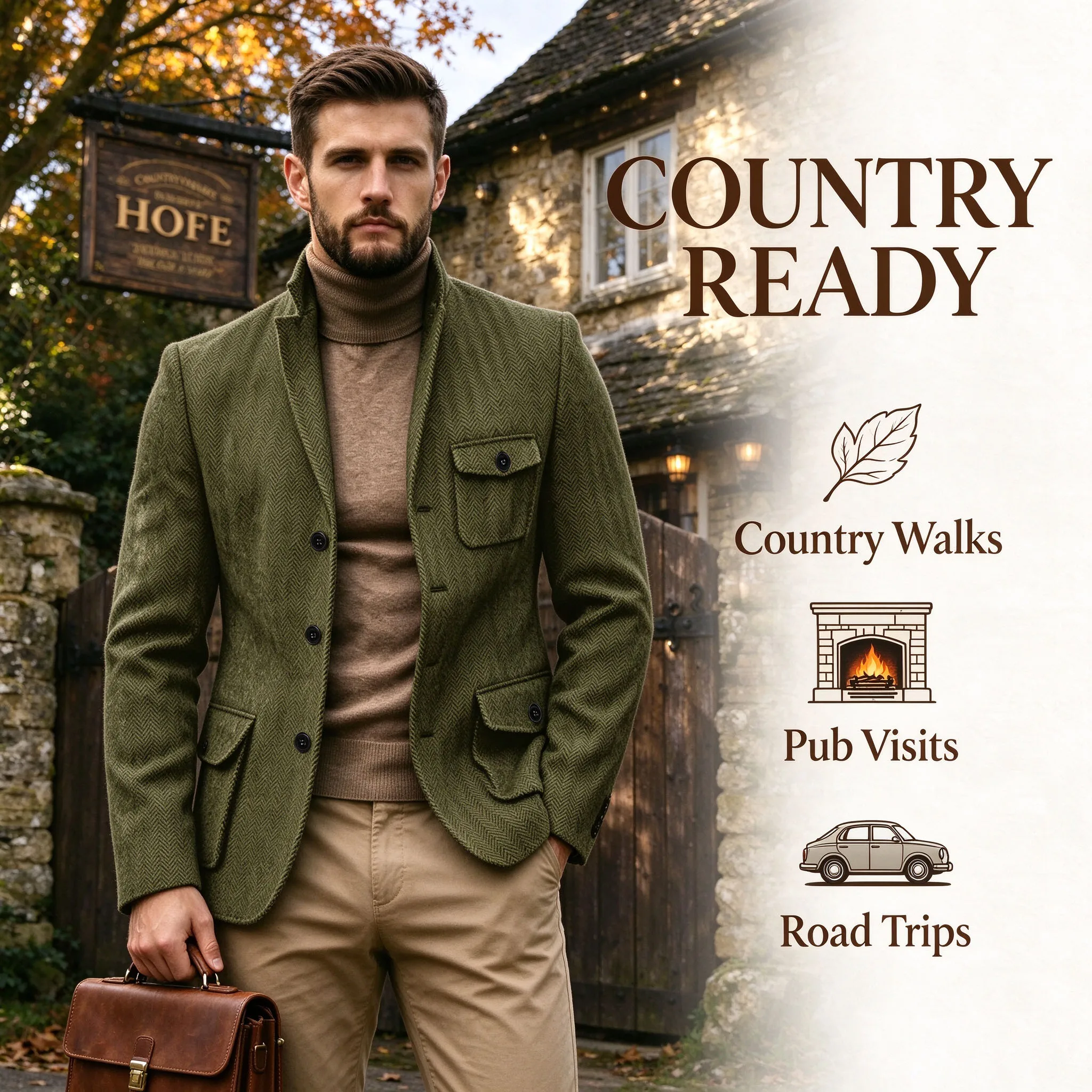 Men's Herringbone Wool Blazer Tweed Notch Lapel Sport Coat Smart Casual Turtleneck Layering Business Fall Winter Big Tall
