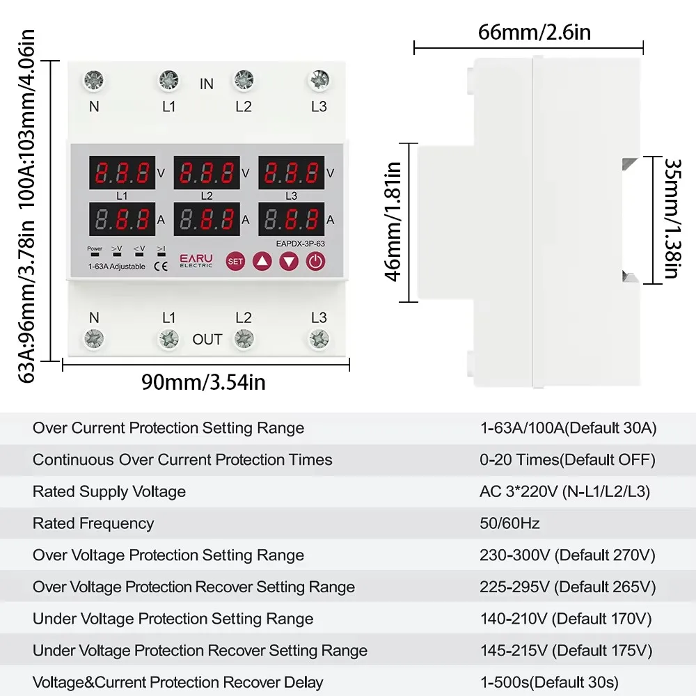 Three Phase Voltage Current Adjustable Over Under Voltage Current Limit Protection Relay Protector 3*220V 380V 63A 100A Din Rail
