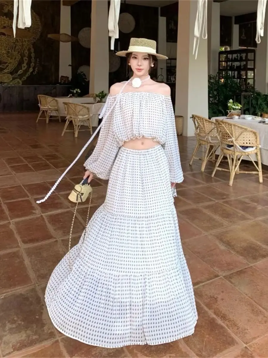 Summer Polka-dot Print Chiffon Two Piece Set For Women Bohemian Off-the-shoulder Cropped Top With Long Maxi Skirt Suits