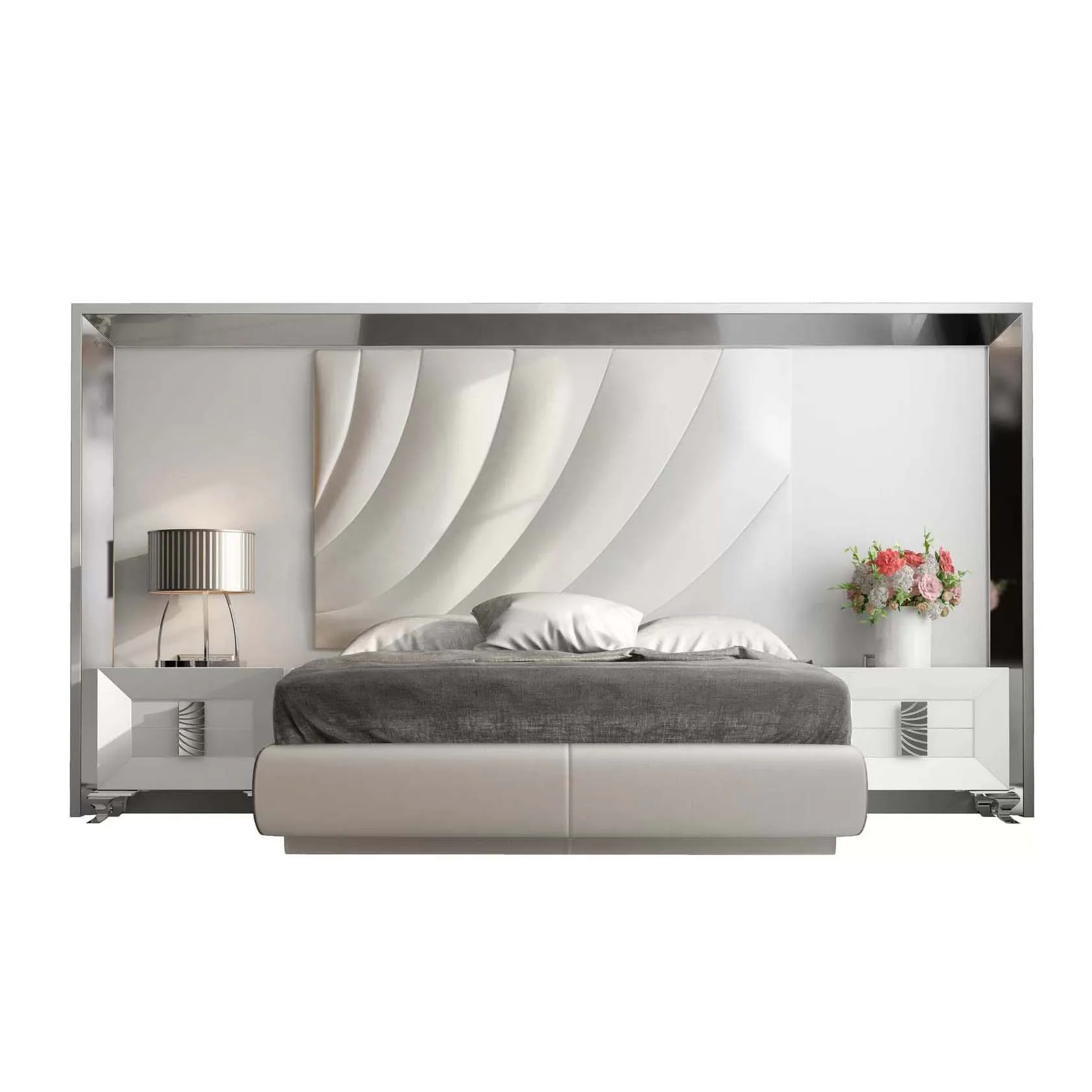 Custom High Headboard Stainless Steel Frame Luxury King White Bed Frame Home Hotel Modern Bedroom Furniture Set Luxury Bed