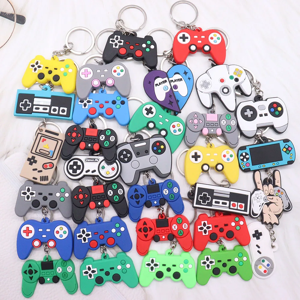 Wholesale 40pcs PVC Game Machine Keychain Keyring Cute Gamepad Joystick Key Chain Keychains Bag Car Hanging fit Men Boy Keys