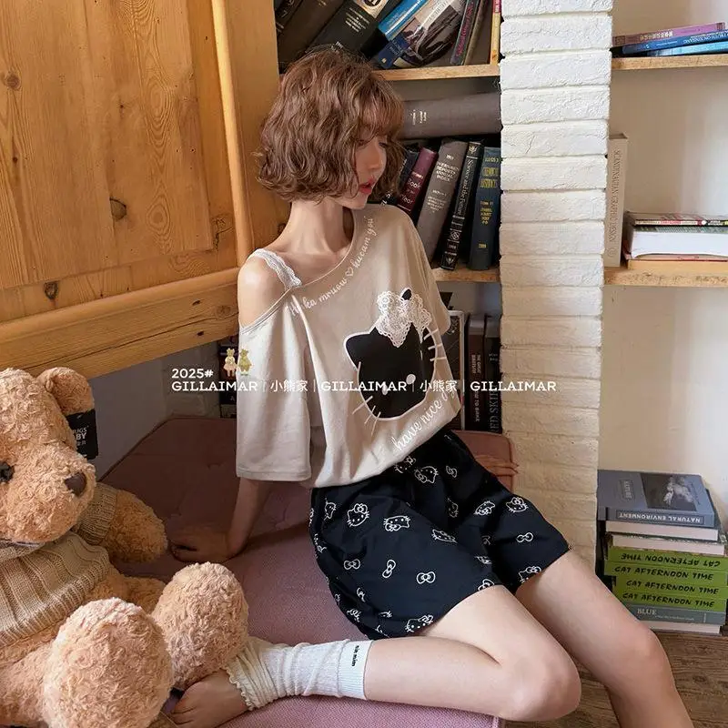 

Sanrio Women's Pajamas Hello Kitty Cotton Pajama Set New Off Shoulder Kitty T-Shirt Shorts Summer Household Clothes Summer Style
