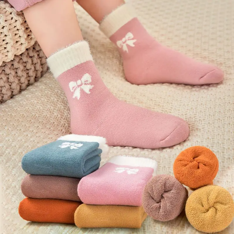 5Pairs 1-16Years Children Winter Ultra Thick Terry Socks Bow Moisture Wicking and breathable school socks walking For Walking