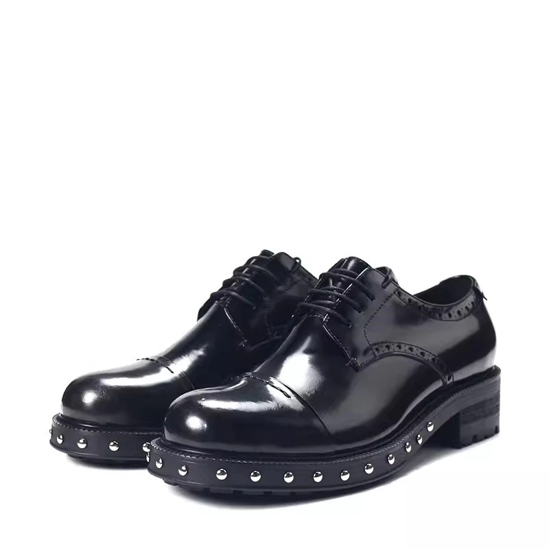 

New Glossy Black Derby Leather Shoes Rivet Lace Up Fashion Thick Sole Casual Dress Wedding Shoes Male Genuine Leather Handmade