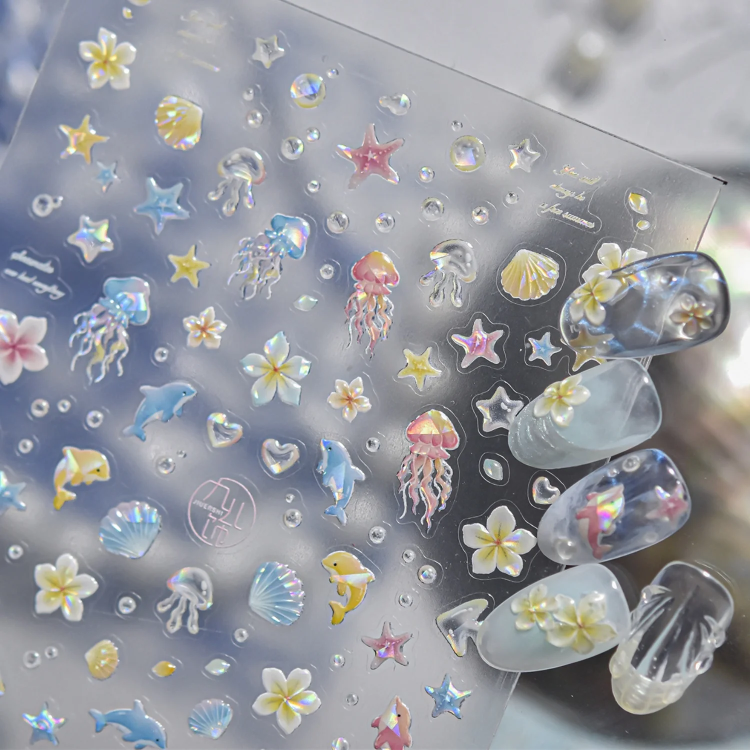 5D Ocean Life Nail Art Stickers: Dolphin & Jellyfish Nail Decals