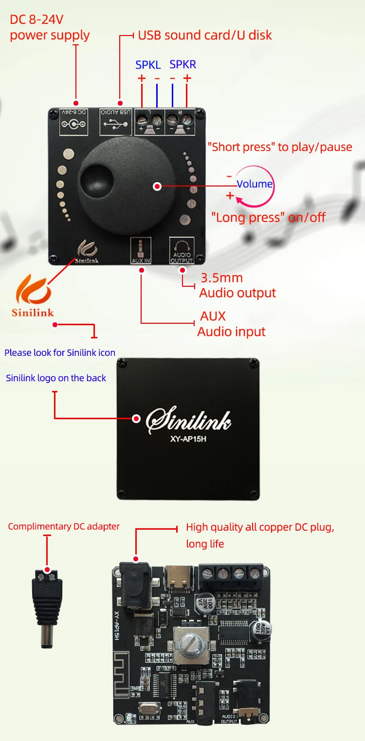 AP15H Bluetooth 5.0 20W+20W Power Digital Amplifier Stereo Board AMP Amplificador Home Theater 12V 24V 3.5mm AUX USB