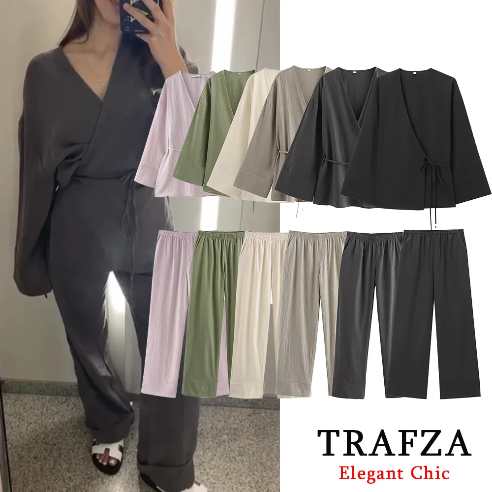 TRAFZA Casual Solid 2 Piece Women Set Fashion 2024 Summer Texture Long Sleeve Kimono-Style Outerwear+Pajama Pants NightWear Suit