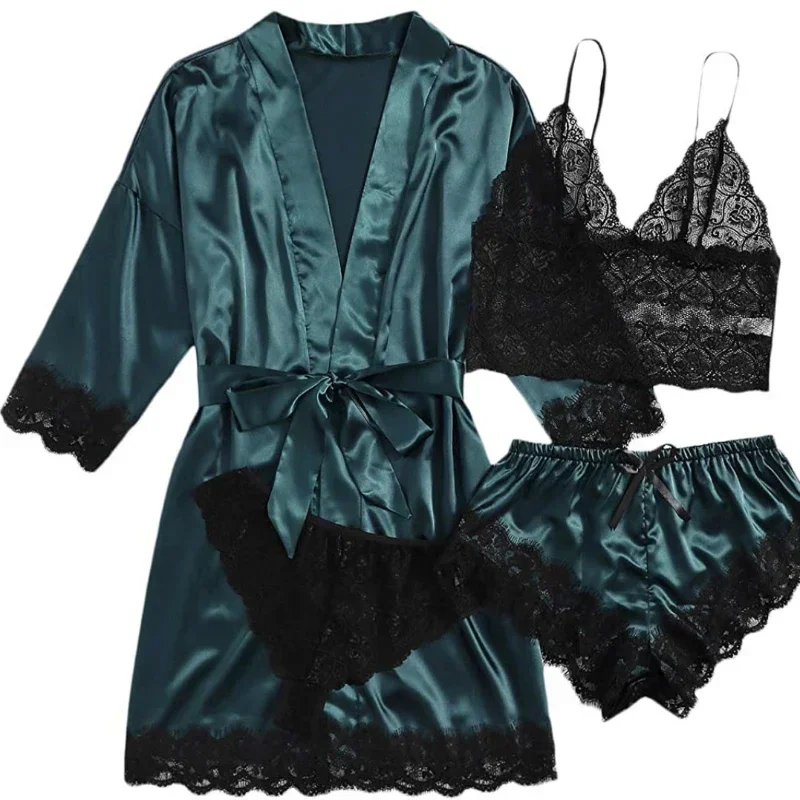 Women\'s Sleepwear Sexy Lace Satin Pajama Sets Sling Nightwear Dress Night-robe 4Pcs Sets Pyjama Sets for Women Lingerie Pijama