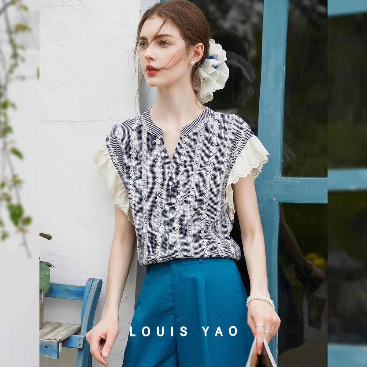 

LOUIS YAO Retro Plaid Shirt 2025 Summer Women's Shirt Elegant V-neck Cotton 100% Ruffle Sleeves Short Sleeved Woven Blouses