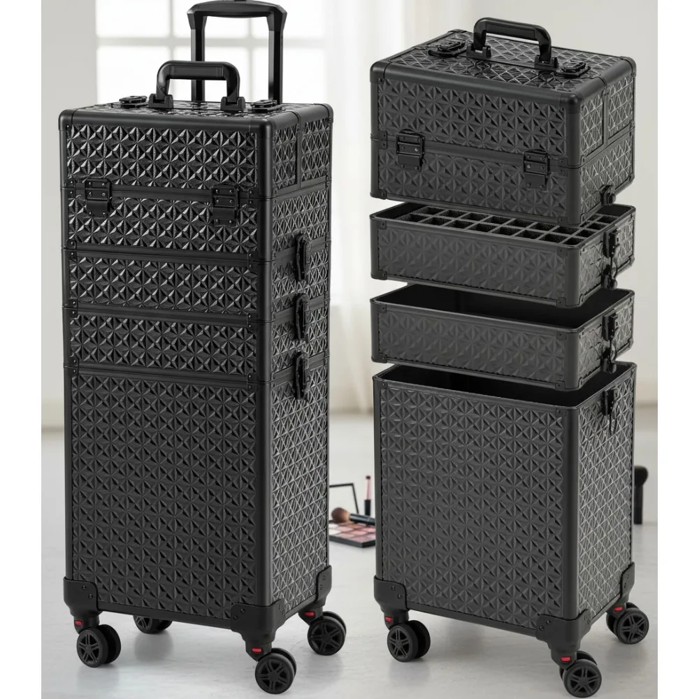 Portable Multi-Layer Rolling Nail Case with Wheels - Professional Cosmetic Organizer Storage Box (Black)