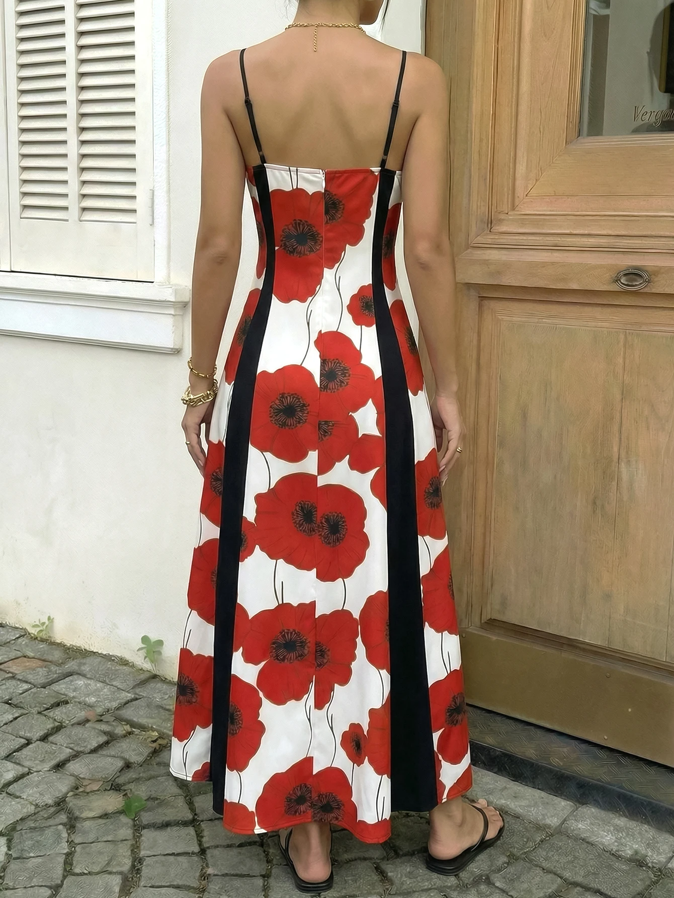 New Spring and Autumn Casual and Fashionable Floral Digital Print Color-Blocking Spliced Strappy Slim-Fit A-Sleeve Long Dress