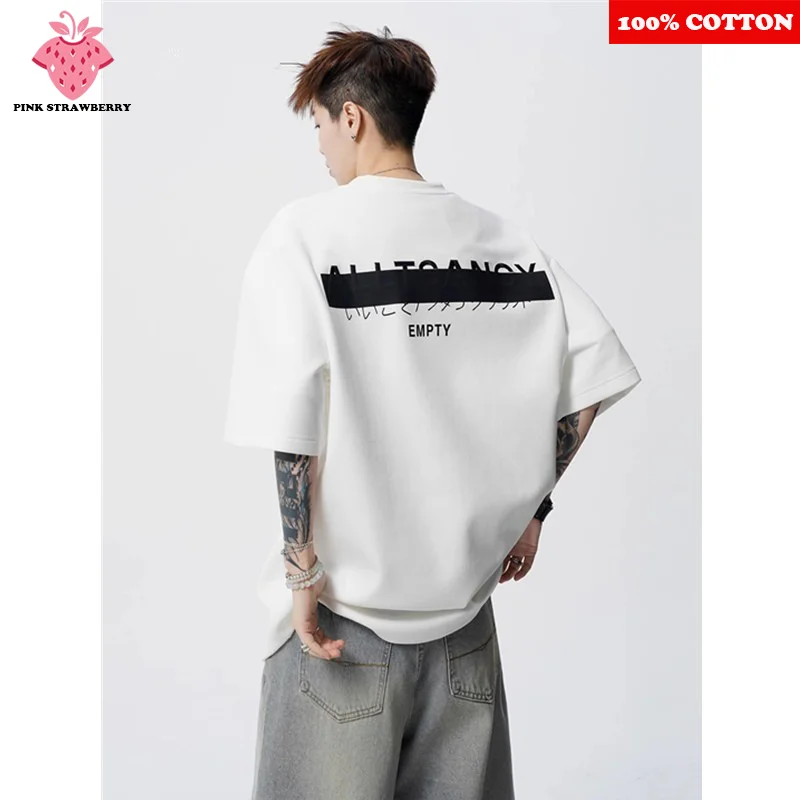 

American Retro Letter Print T-shirt Men Summer 2025 New 100% Cotton Round neck Short sleeve White Tee Loose Y2k Top men clothing