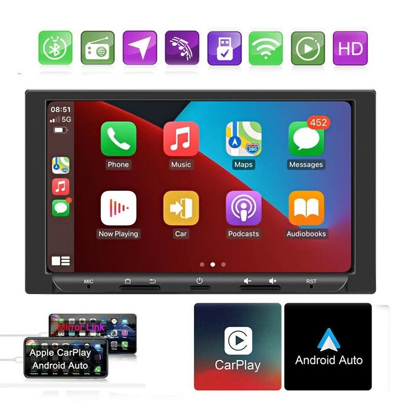 7 นิ้ว Android 10.1 รถวิทยุบลูทูธไร้สาย CarPlay Player Android Auto GPS WiFi