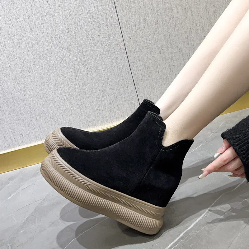 Fujin 10cm Cow Suede Genuine Leather Women Boots Ankle Mid Calf Booties High Top ZIP Autumn Winter Plush Platform Wedge Shoes