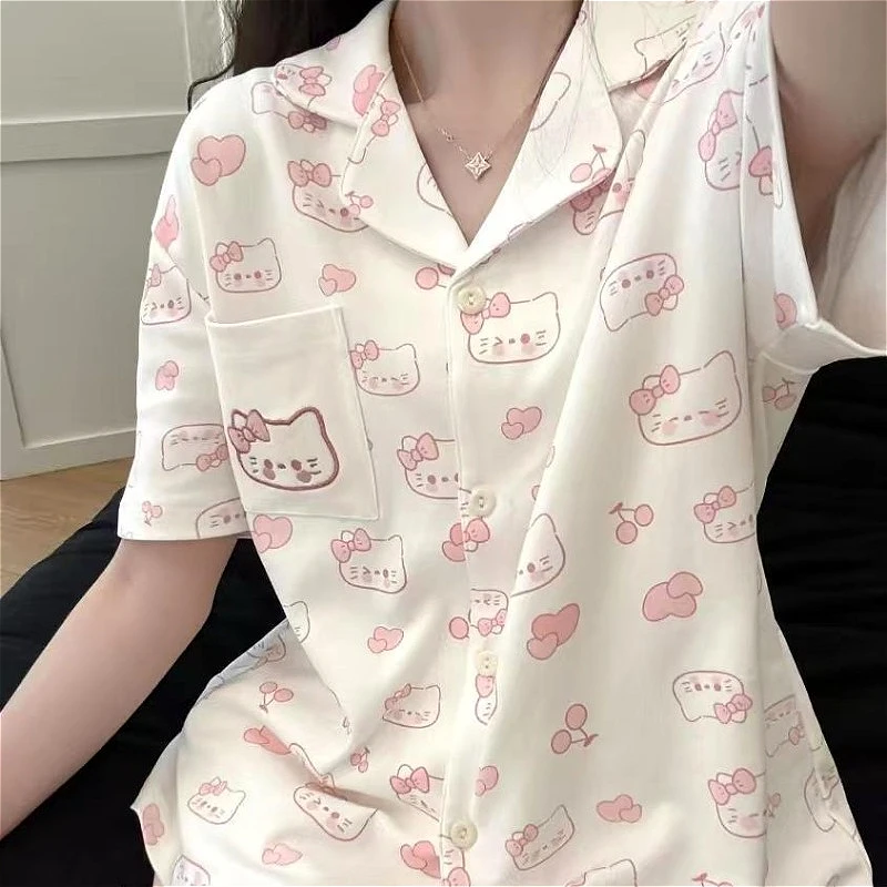 

Милые женские пижамные комплекты с принтом «Hello Kitty», летние кавайные топы с короткими рукавами для девочек, шорты, верхняя одежда, домашний костюм