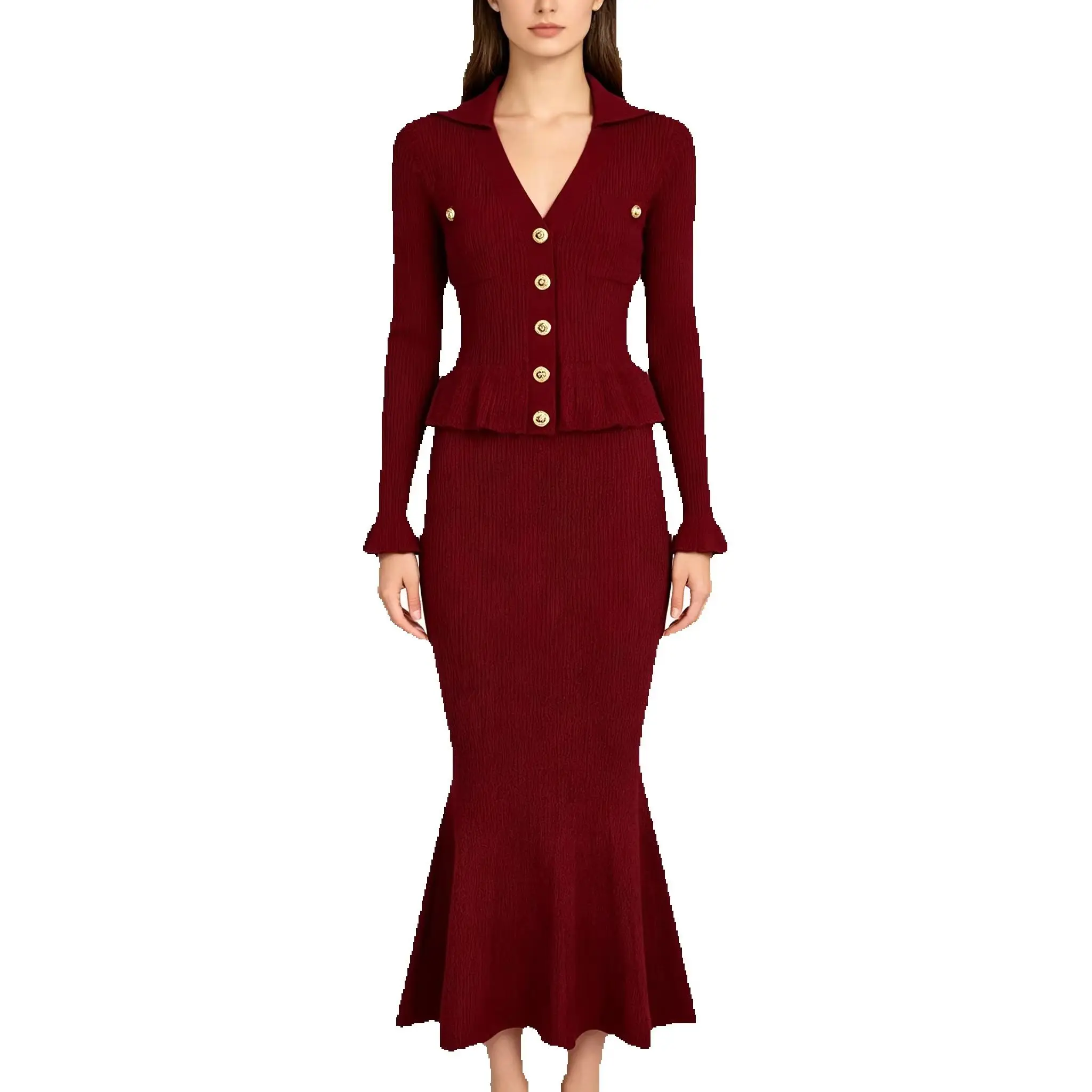 

High-Quality New Spring & Autumn Fashionable Temperament Office Women's Knitted Collared Slim-Fit Long-Sleeve Dress