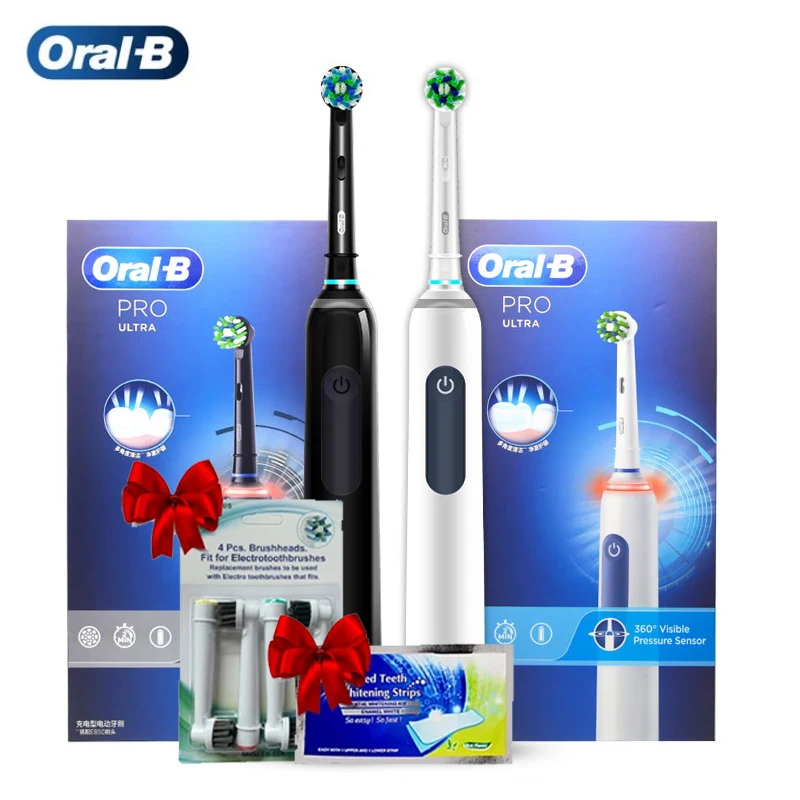 

Oral B Pro 4 Ultra Electric Toothbrush 4 Modes 3 Original Brush Heads With Extra 4PCS Replacement Brush Heads 1 Whitening Strips