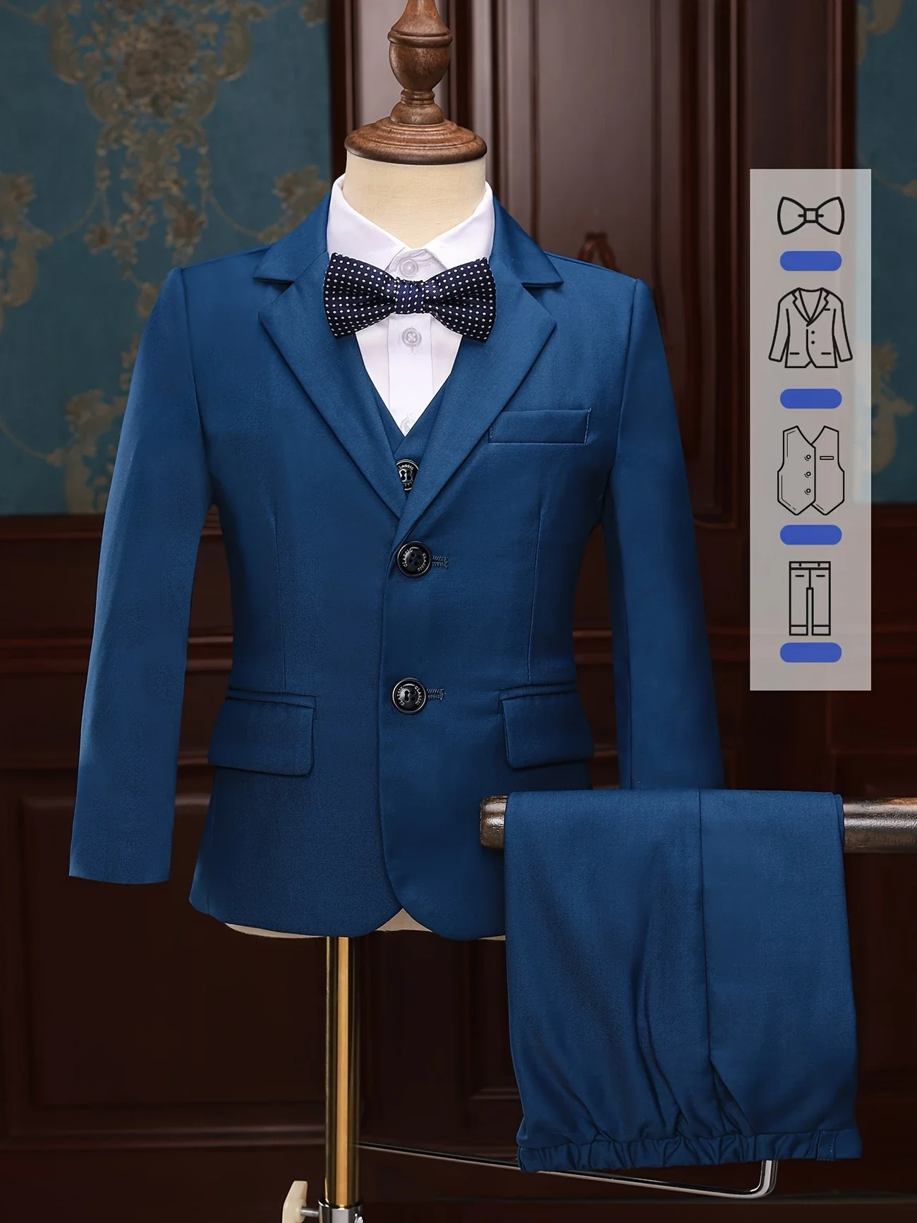 

Kids 4Pieces/Set Jacket Vest Pants Bowtie Birthday Dress Flower Boys Navy Blue Wedding SuitChild Piano Host Performance Costume