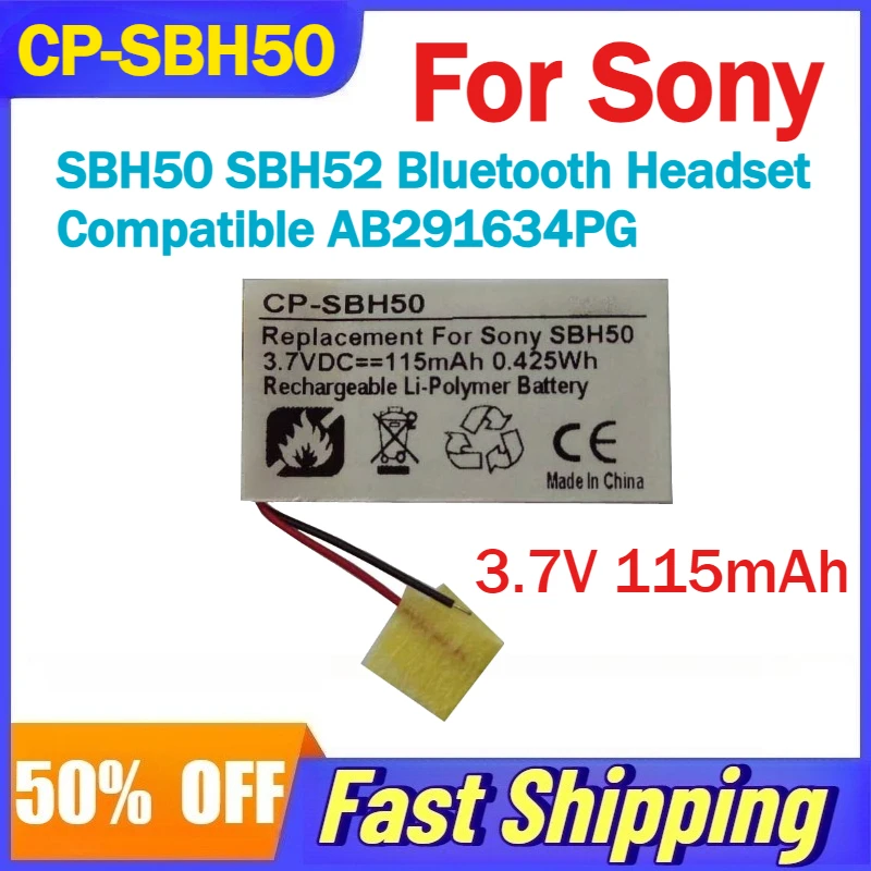3.7V 115mAh CP-SBH50 Lithium-ion Battery for Sony SBH50 SBH52 Bluetooth Headset Compatible AB291634PG Rechargeable Batteries