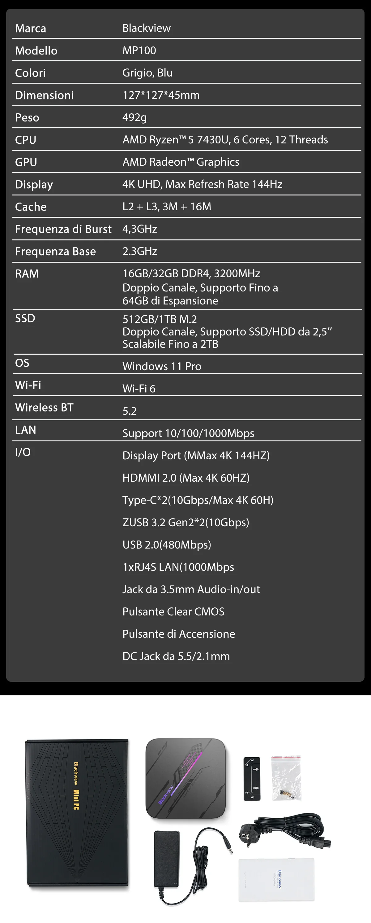 Blackview MP100 NEW Mini PC AMD Ryzen 5 7430U Windows 11 6-Core 12-thread 16GB DDR4 512GB SSD WiFi 6 Mini Computer PC BT5.2