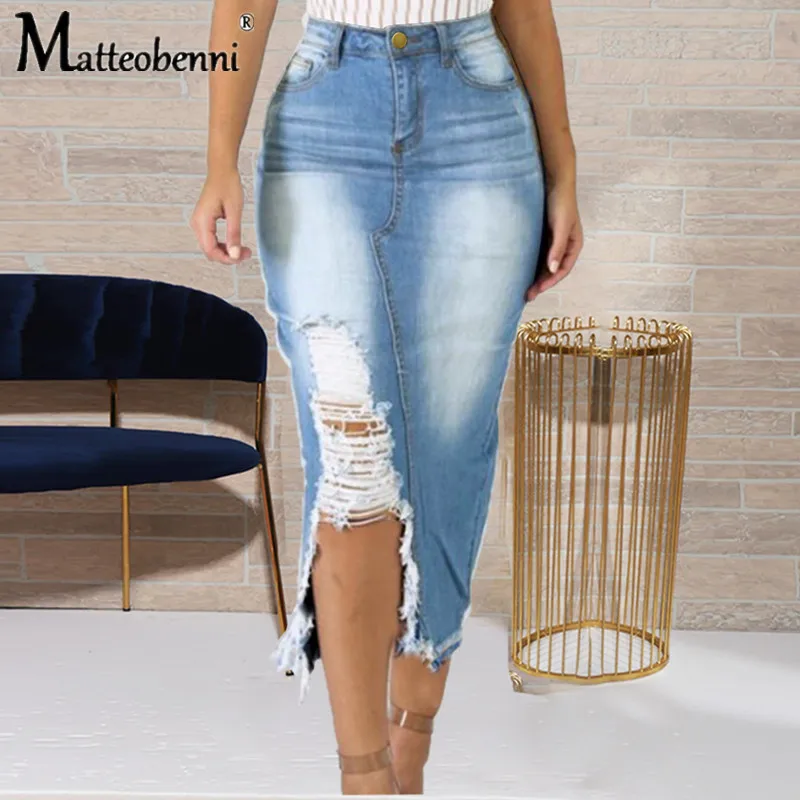 2021 Summer New Ladies Denim Skirt Trendy Irregular Ripped Jeans Skirt Sexy Slim Pack Hips Mini Skirt Casual Streetwear