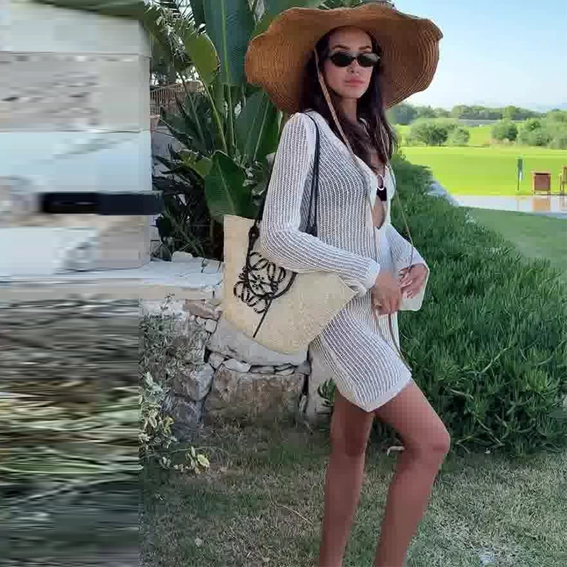 Beach Cover Up Hollow Out Dress Women 2025 Summer Long Sleeve Solid Color Loose Fit Vacation Tunic Dress