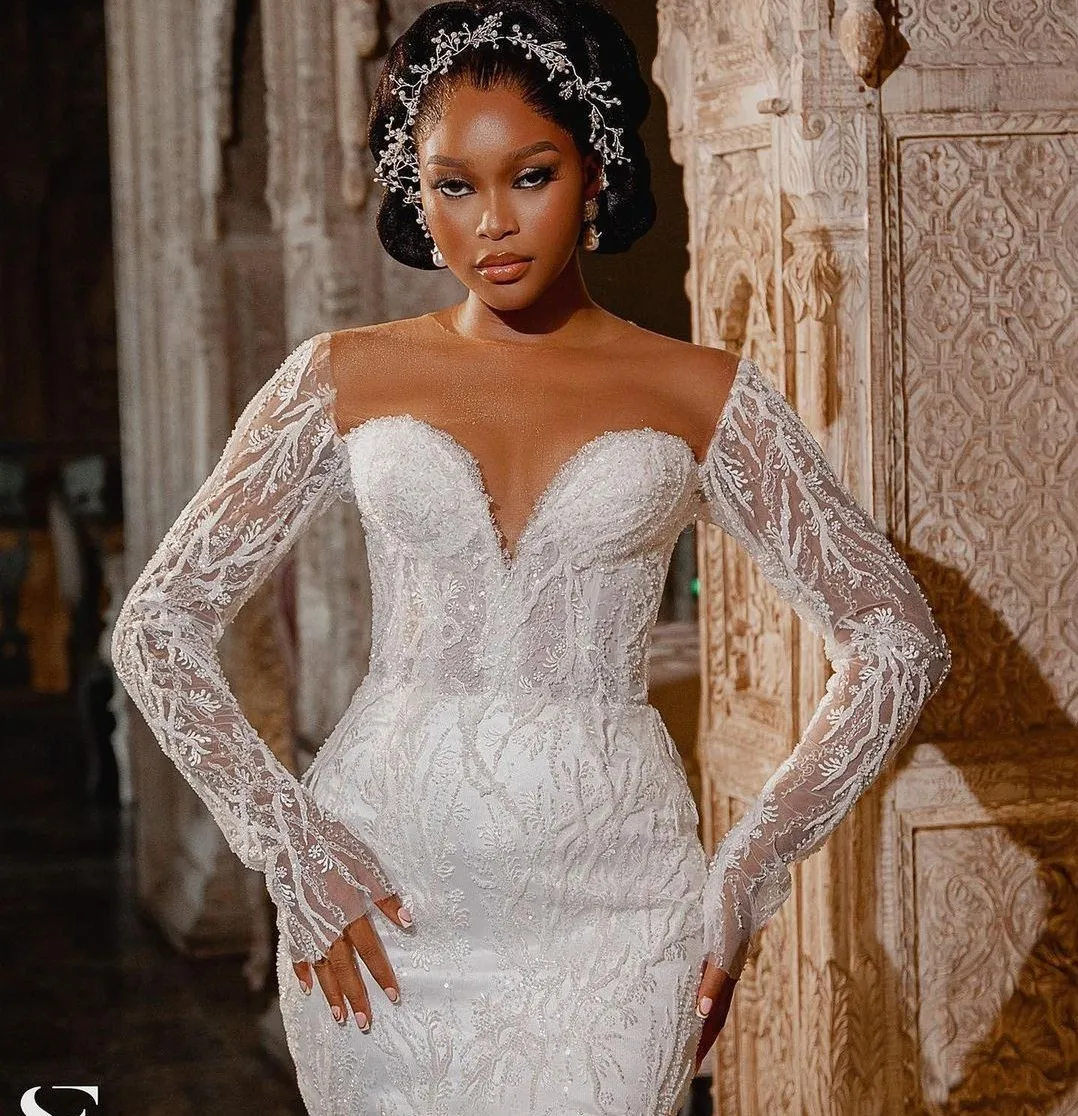 

African Plus Size Wedding Dresses For Bride Mermaid Bridal Gowns Sheer Neck Long Sleeves Illusion Beaded Lace Vestidos De Noiva