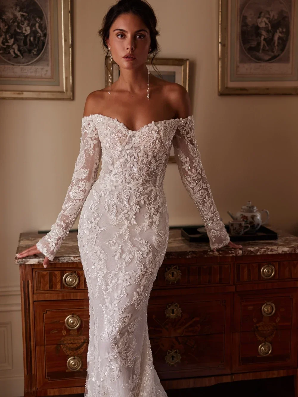 فستان زفاف طويل بحورية البحر من الدانتيل المطرز، فستان زفاف رشيق بدون أكتاف، فساتين لامعة رائعة مخصصة للعروس