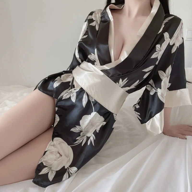 Japanese kimono women sexy cosplay uniform soft silk bow belt traditional style costumes pajamas perspective