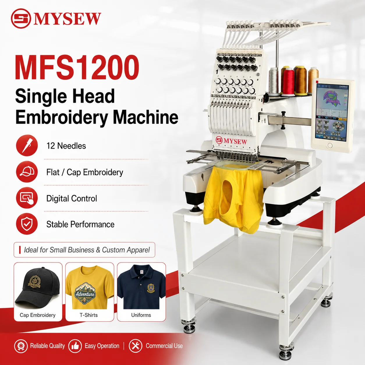 MYSEW MFS1200 Single Head Computerized Embroidery Machine 12 Needle High Speed Cap T Shirt Garment Embroidery Equipment