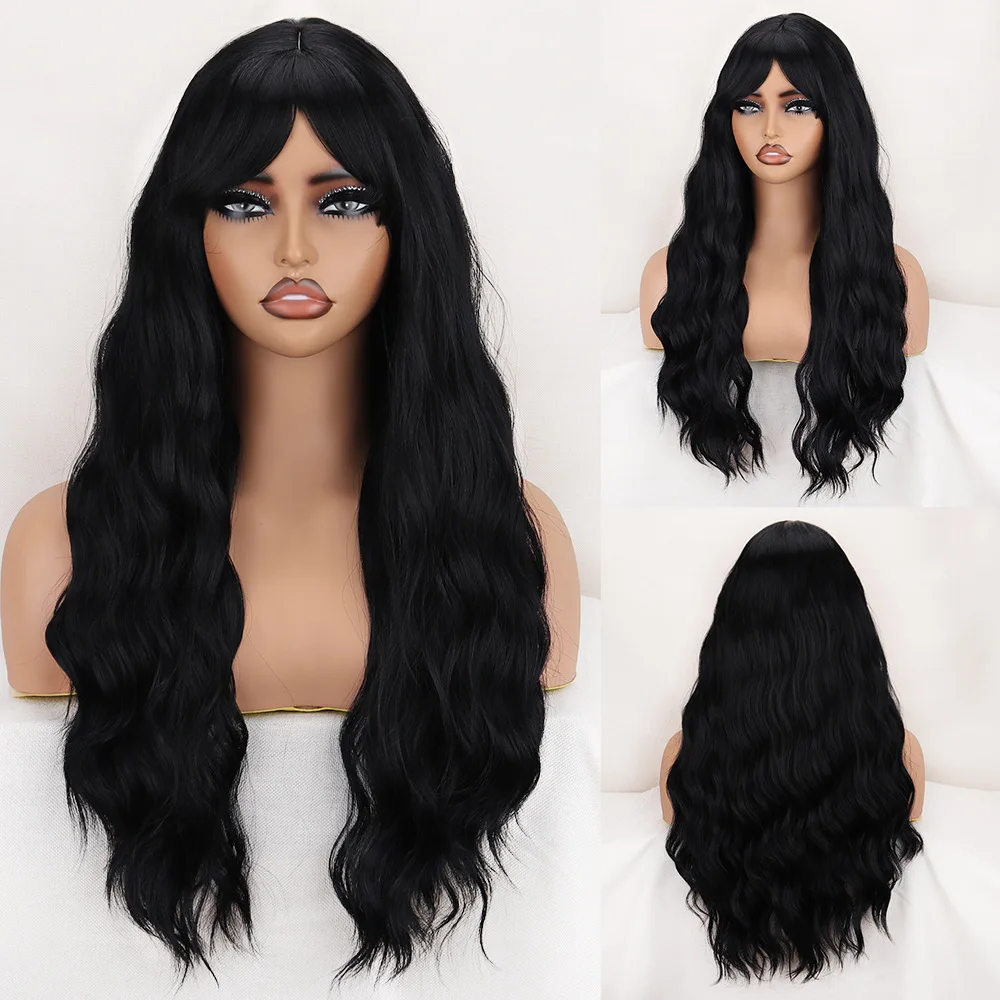 

Black long water ripple chemical fiber mechanism wig headgear European and American