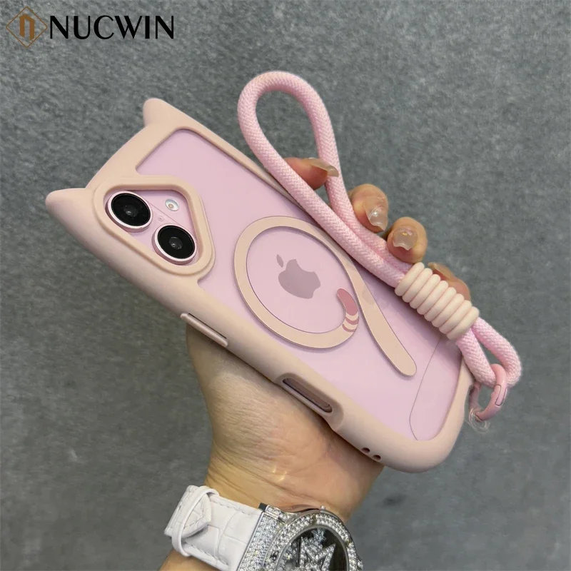 3D Cat Ear Cute Lanyard Magnetic Transparent Case For iPhone 16 15 14 13 12 ProMax Plus 13 Mini 11 Wristband Clear Magsafe Cover