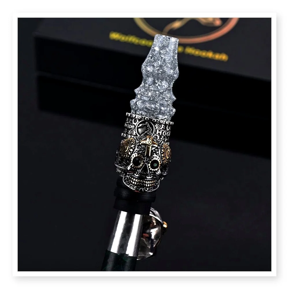 Dark Punk Double Skull Water Pipe Nozzle with Gold Foil Resin, Stone Bead Chain & Brand Lanyard