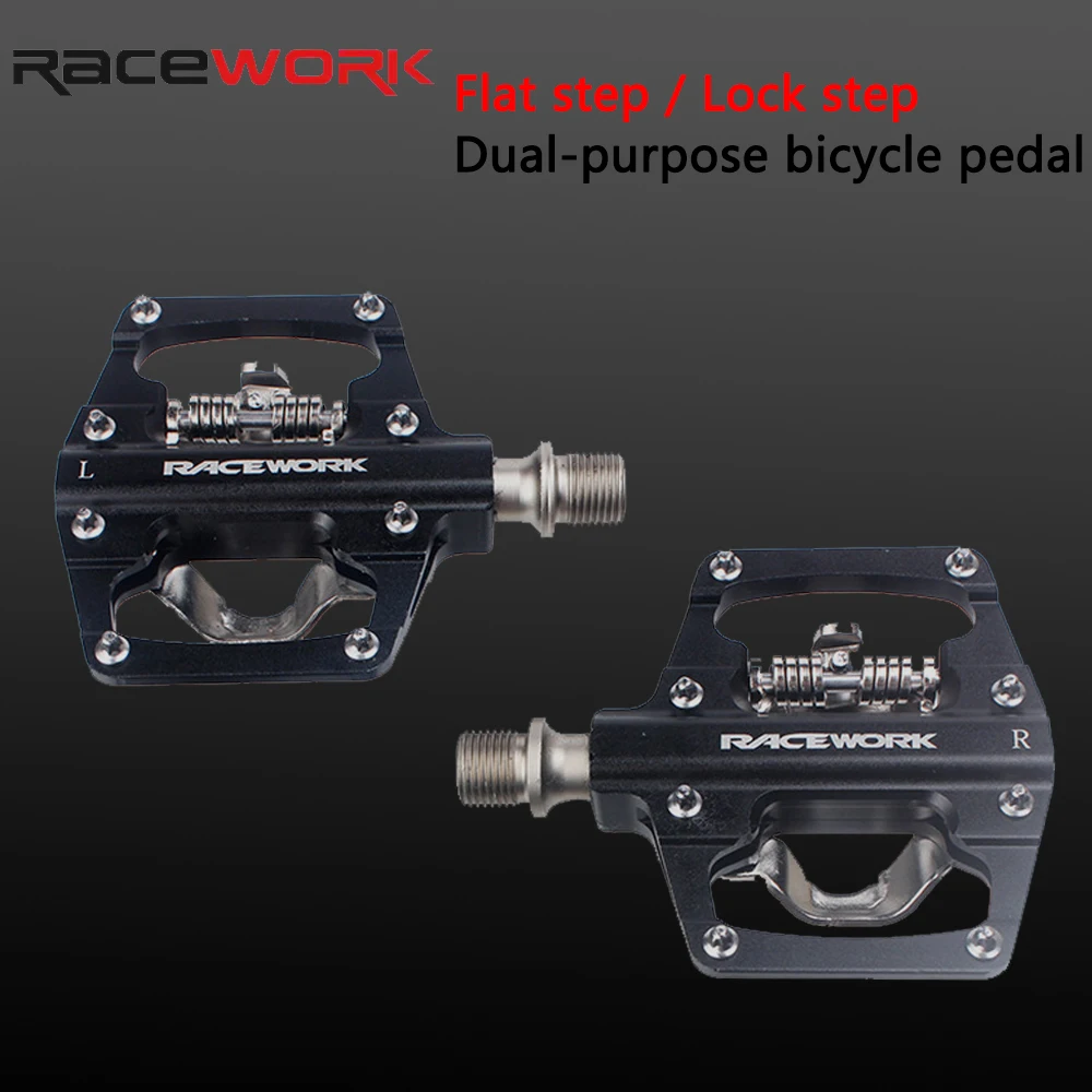 RACEWORK Mountain Bike Pedal Flat Step Lock Step Dual Use Aluminium Alloy Bicycle Pedals  For SPD System Cycling Parts