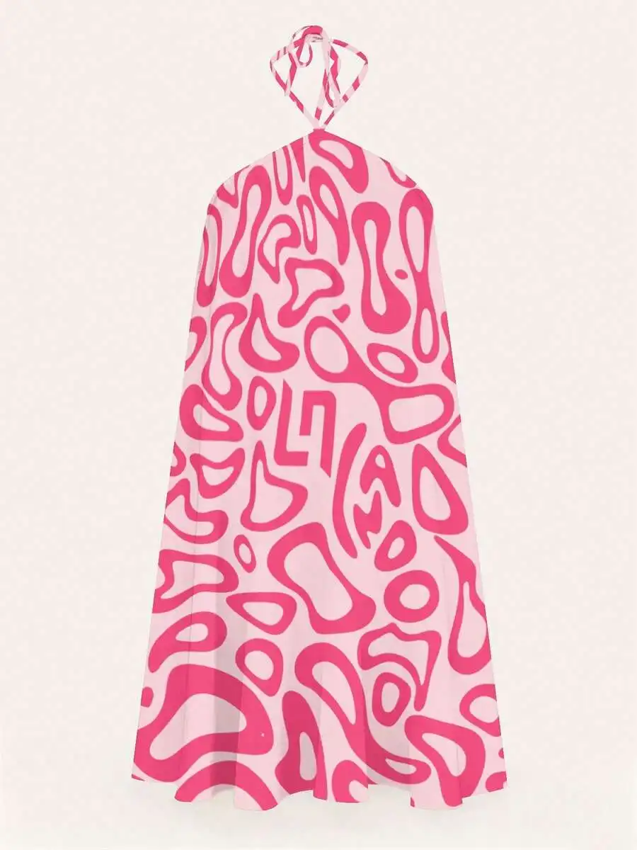 

Womens Backless Halter Dress Pink Abstract Waves Print Loose Casual Vacation Dress