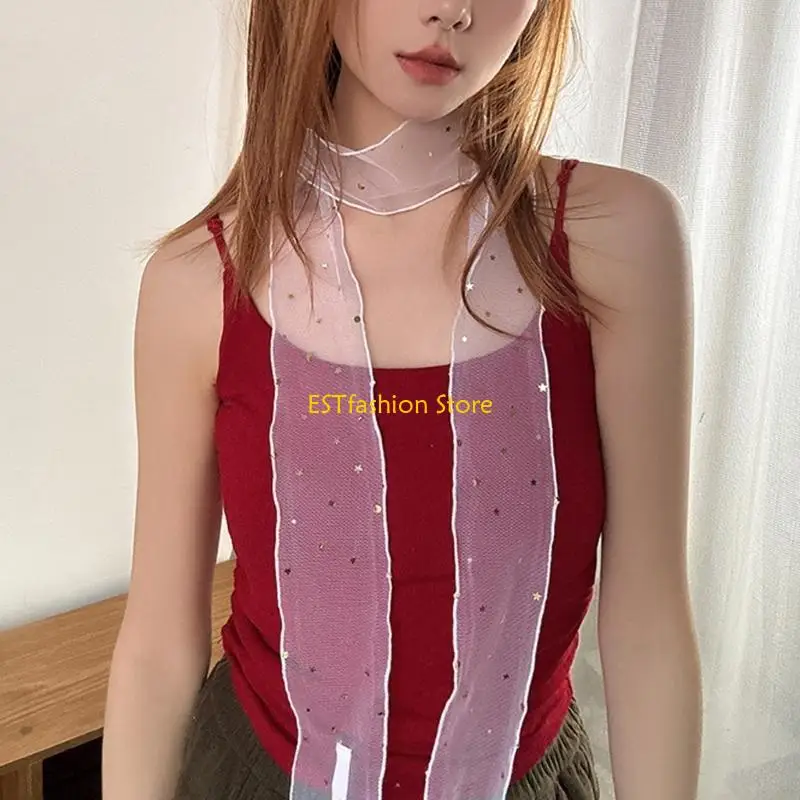 Y5GC Elegant 90s Silk Scarf Temperament Long Skinny Neck Scarf Lightweight and Portable Neckerchief for 90s Lover