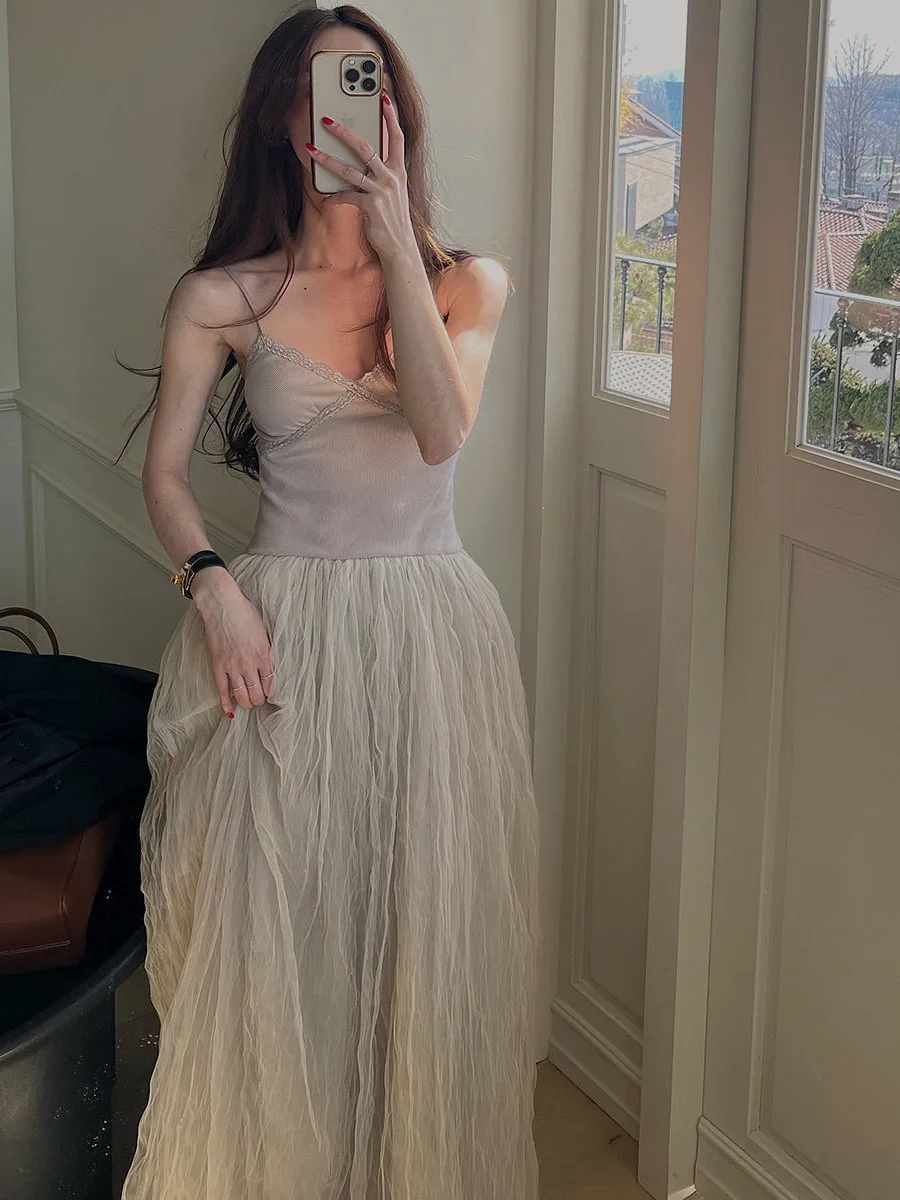 Chic Princess Style Spliced Tulle Dress Ultra Fairylike Strap Design Color Block Spring Autumn Winter Women's Fashion Dress
