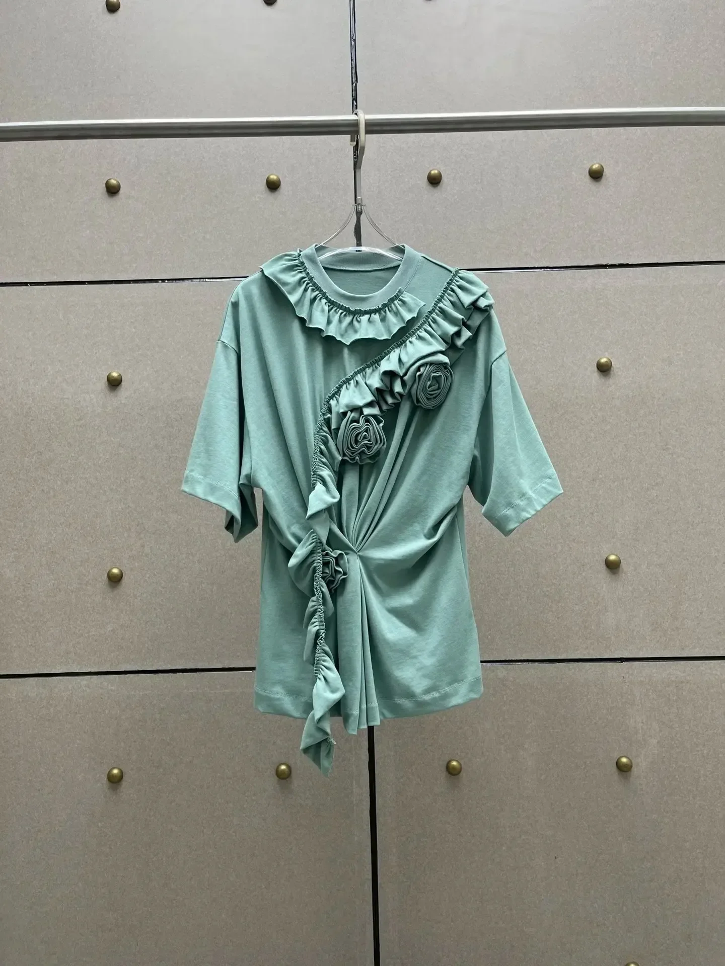 2024 Summer Green Ruched Ruffles Short Sleeve T-Shirt