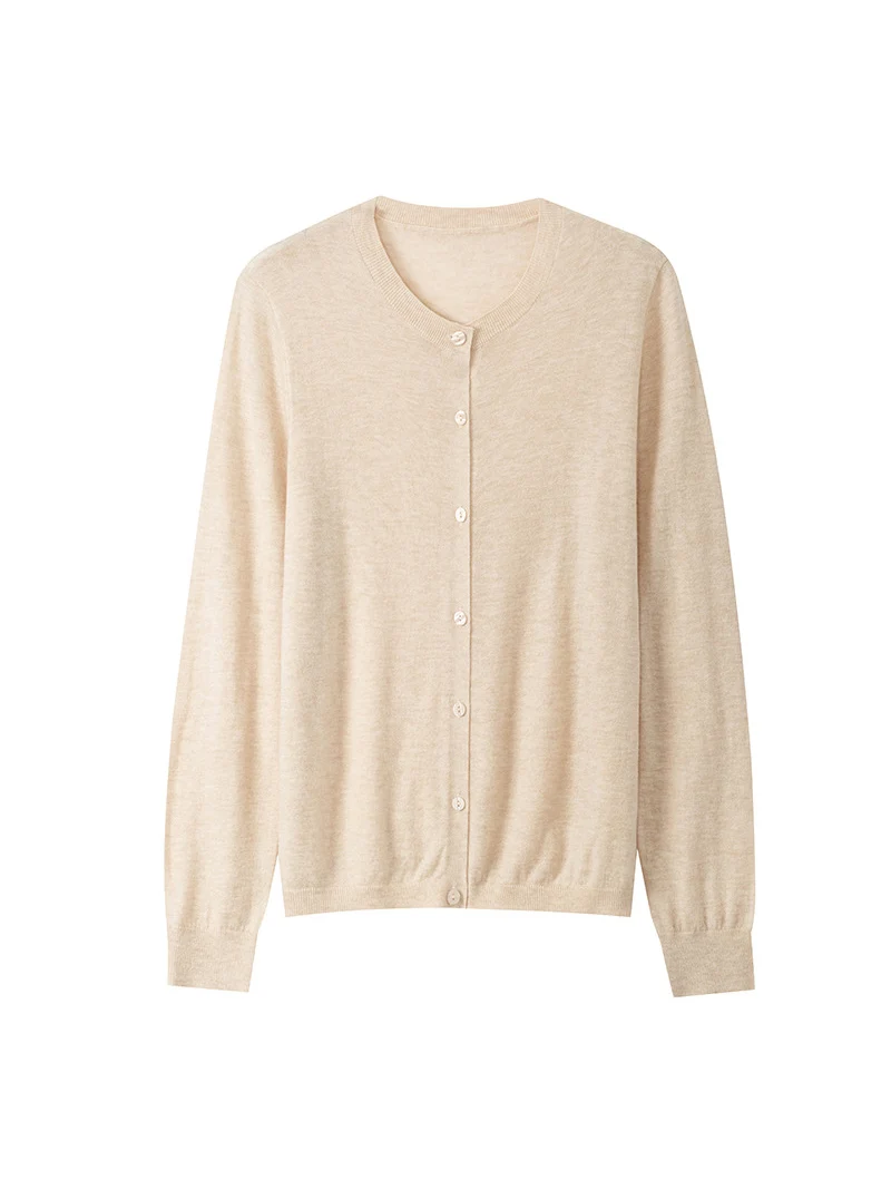 SuyaDream, 48S 100%Sheep Wool Cardigans For Woman, Round Collar Plain Sweaters, 2024 Fall Winter Jackets, Camel, White