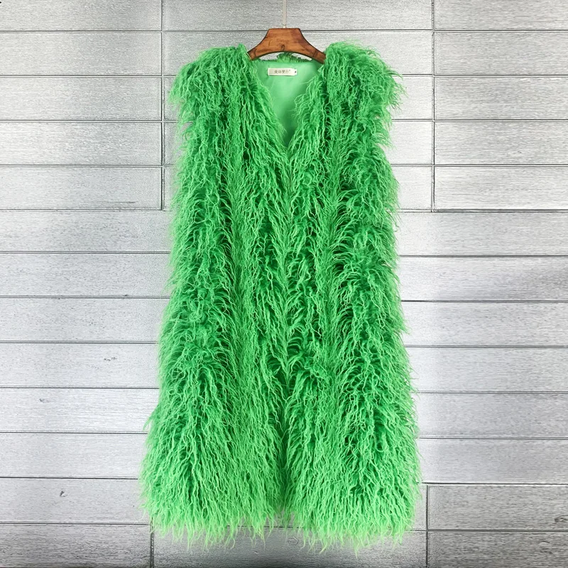 Long Vest Jacket Mongolia Sheep Fur Women Colorful Warm Faux Fur Plush Coats Autumn Winter Furry Outerwear Maxi Coat Windbreaker