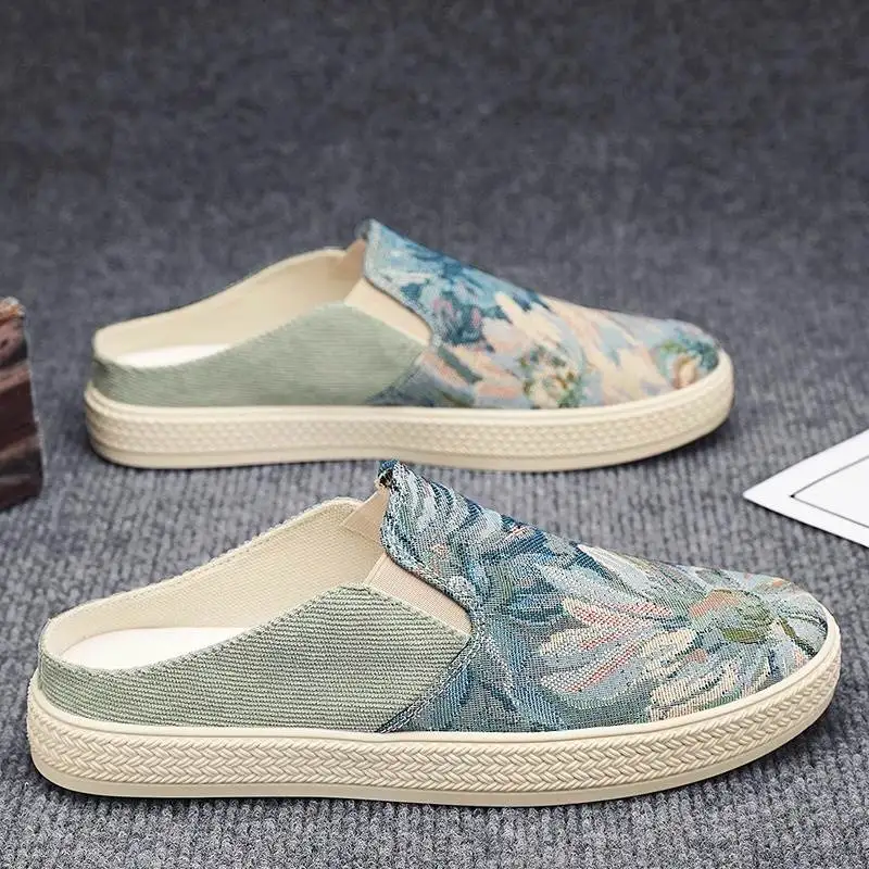 Canvas Office Shoes Men's Slip-On Half Slippers Breathable Spring Autumn Korean Style Casual Slip-On Rubber Outsole