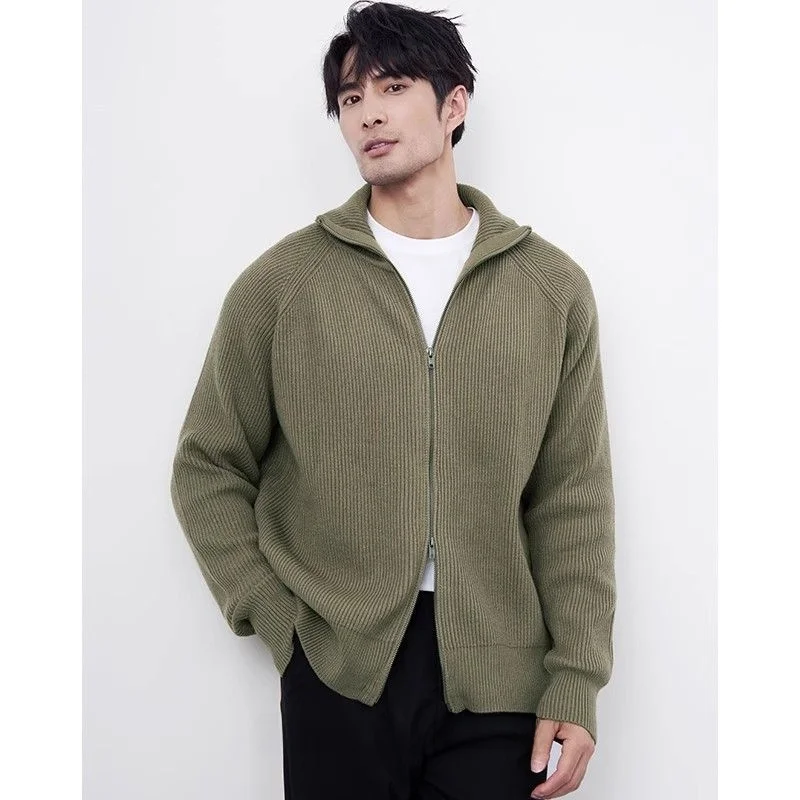 

KARINO Men's Casual Knitted Cardigan Sweater Double Zipper Collar Autumn Winter Versatile Outerwear Comfortable Polyester Fiber