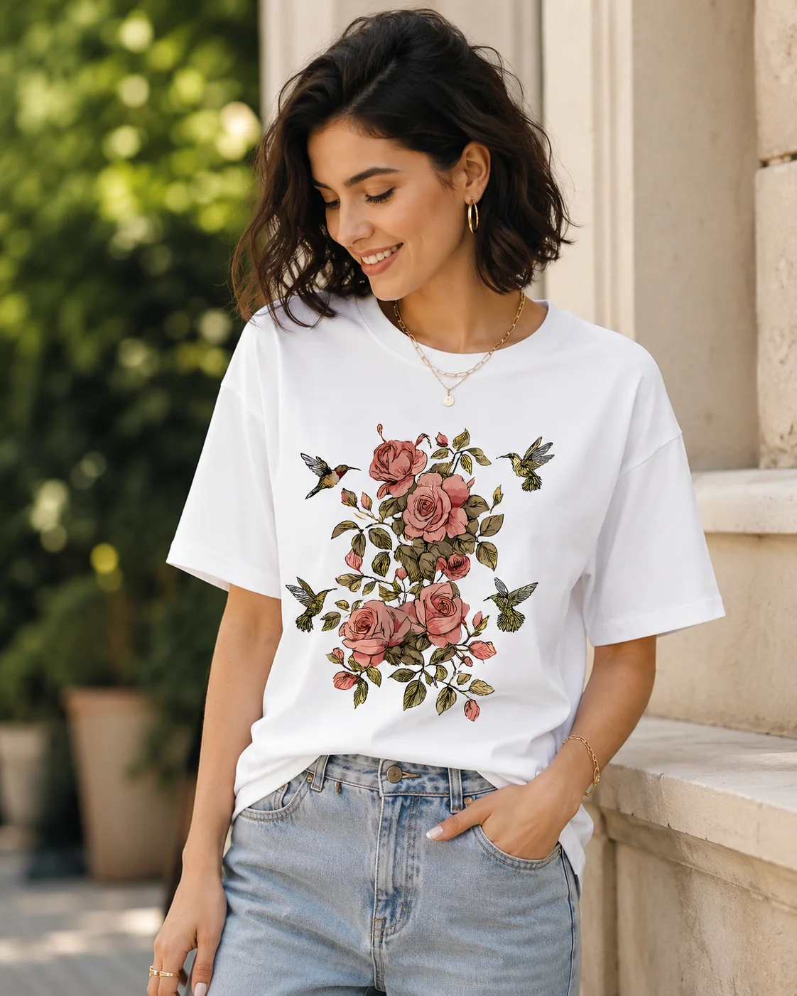 Women's Retro Rose Hummingbird Print Round Neck Short Sleeved T-shirt Casual and Fashionable Top Suitable for Floral Enthusiasts