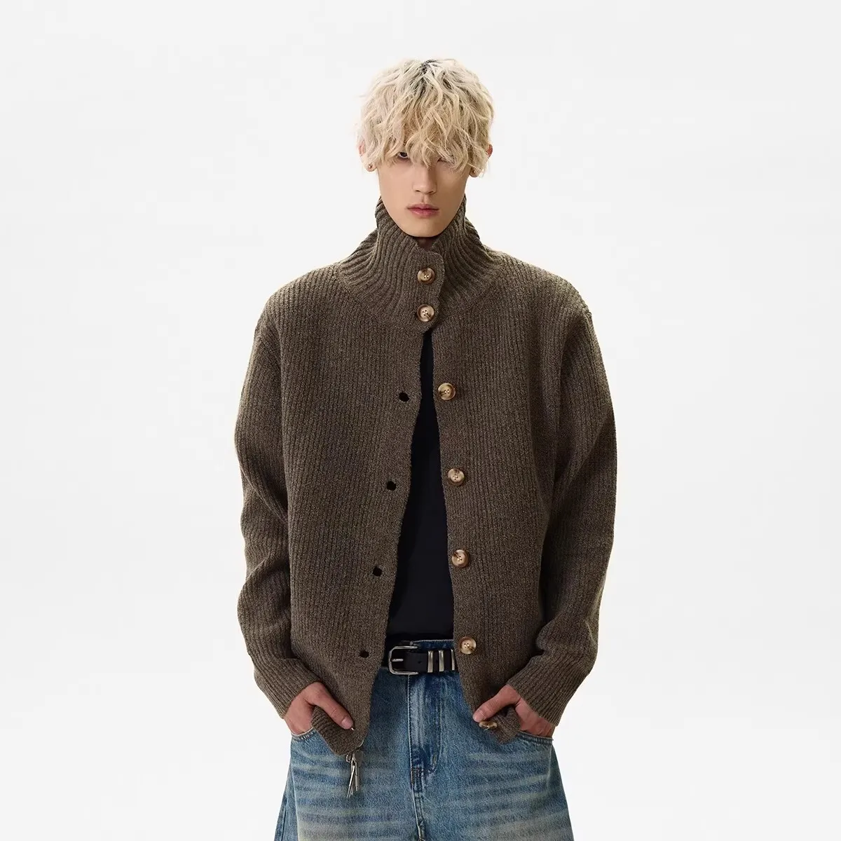 

Man Knitting Cardigan 2025 Autumn Winter Cardigan Men's Stand Collar Buttoned Retro Knit Jacket Versatile Slouchy Sweater Coat