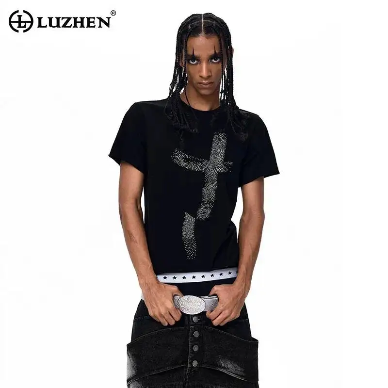 

LUZHEN 2026 Summer Original Sequin Patchwork Pattern Short Sleeve T-shirts Men's Fashion Handsome Slim Street Male Tops JY6709