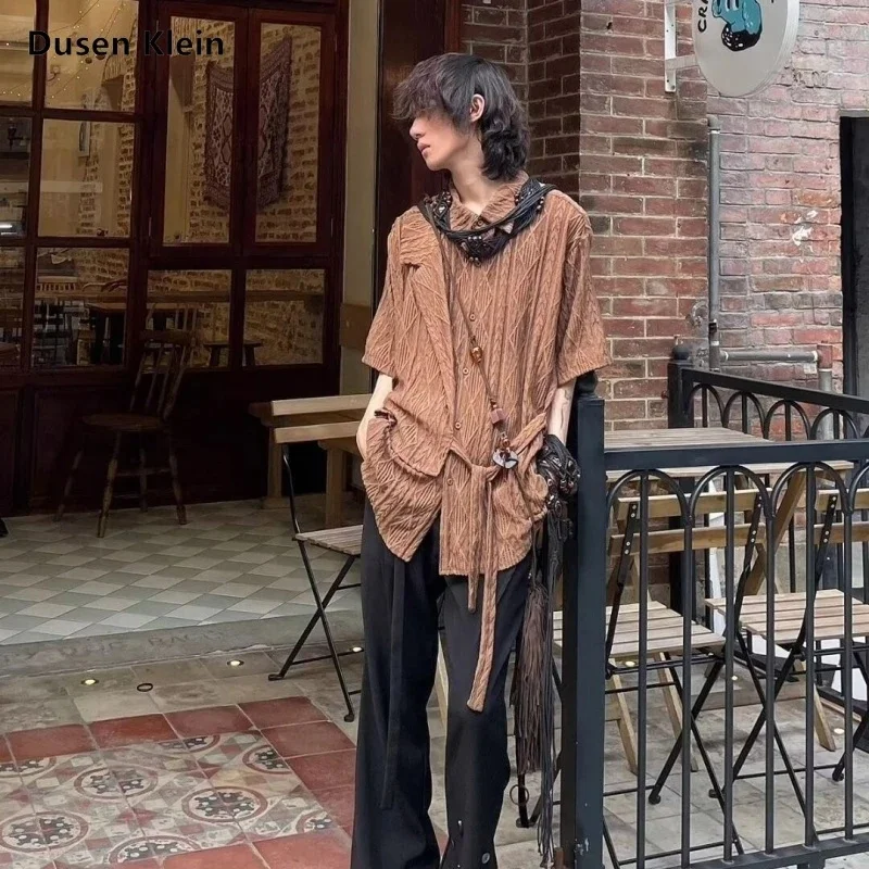 

2025 Summer New Loose Retro Solid Color Niche Jacquard Hollow Texture New Chinese Splicing Strap Short Sleeved Shirt Commuting