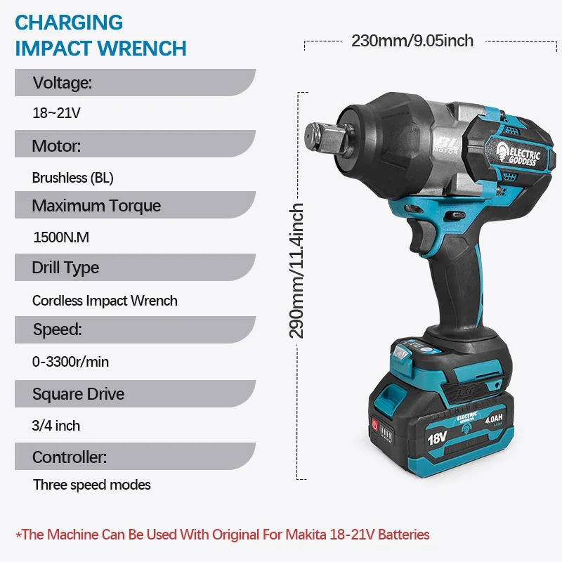 Electric Goddess DBS023 Brushless Electric Impact Wrench 1500N M Repair and Unloading Electric Tool for 18V-21V Makita Battery