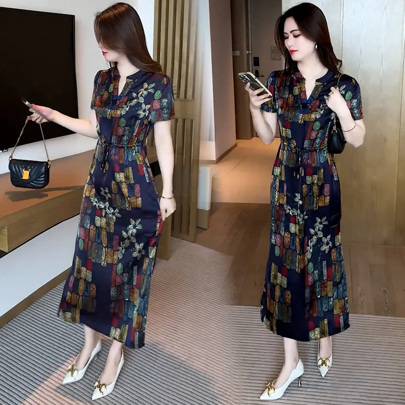 

Satin Printed Dress Women's Temperament Waist-Controlled Slimming Chinese Style Buckle Midi Dress