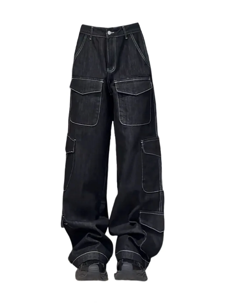 

High Street Gyaru Jeans Vintage Black High Waist Woman Trousers Baggy Simple Wide Leg Pants Denim Casual Tide Streetwear Gothic